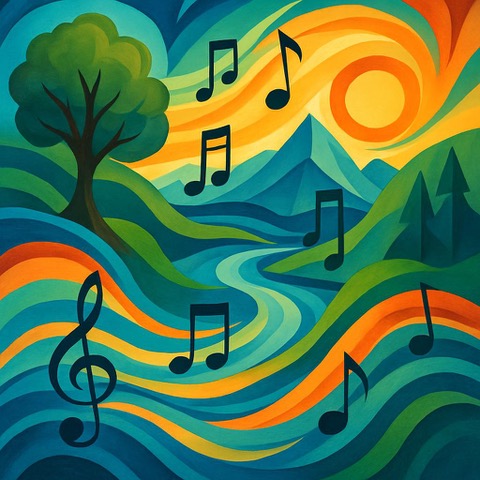 Spirit & Place abstract music notes in a natural landscape setting